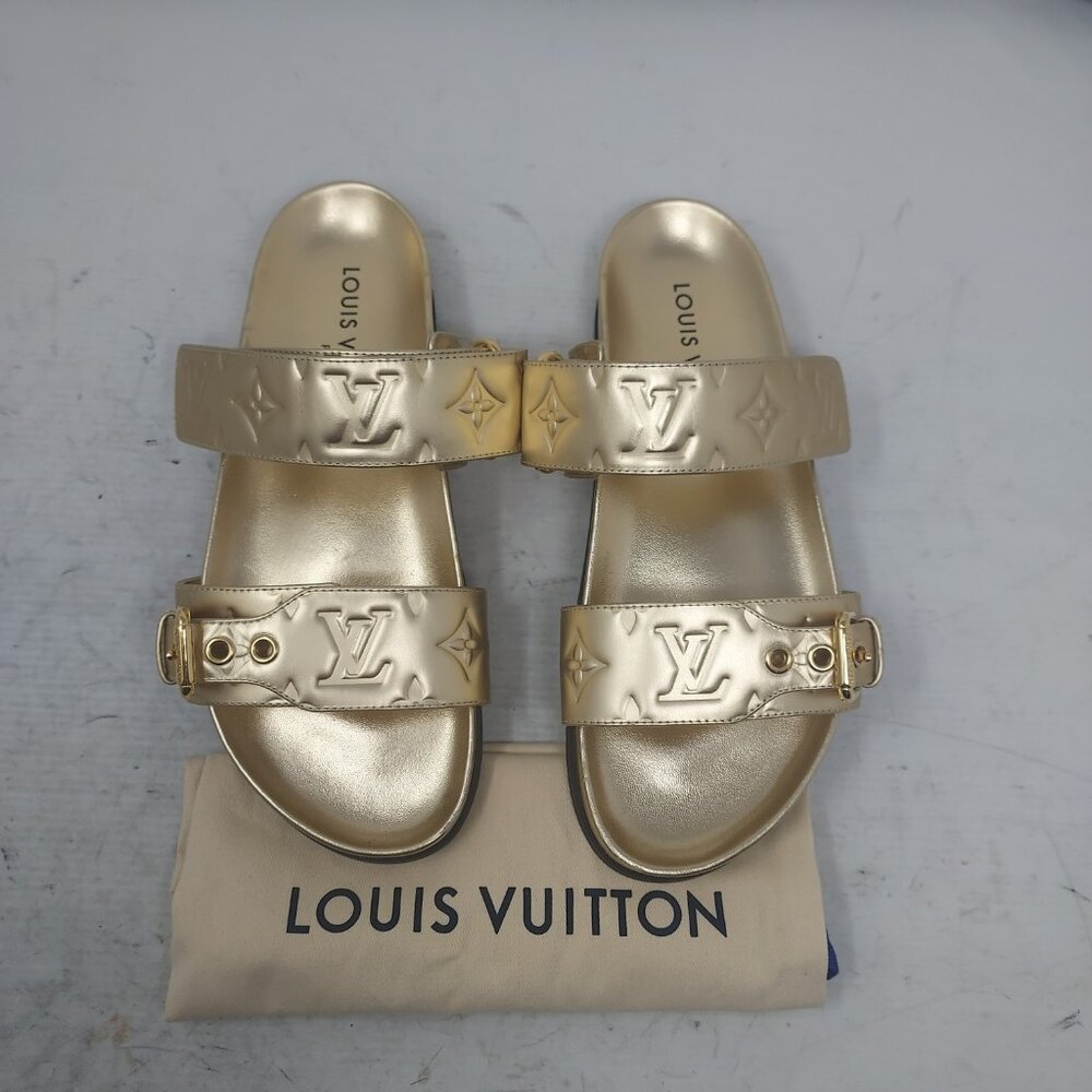 Louis Vuitton Gold Buckle Bom Dia Monogram Flat Slide Sandal - Picture 11 of 14